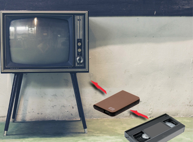 cassette vhs, disque dur, televiseur